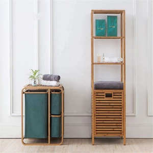 Panier à linge <span class=keywords><strong>double</strong></span> niveau carré en bambou bleu marine avec 3 compartiments en tissu et étagères de rangement - Product Image 2