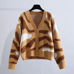 Короткий стиль ретро с узором зебры V-образным вырезом мягкий вязаный кардиган свитер для женщин