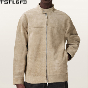Custom <b>Suede</b> Racer <b>Jacket</b> <b>Men</b> Tan Beige Stand Collar Two Way Zipper Windbreaker Streetwear Outerwear Manufacturers Bulk - Product Image 4