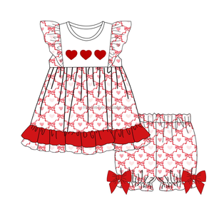 2025年バレンタインデー子供服セットカスタム弓プリント女の子ドレスブティックハート刺繍フリル幼児用女の子ドレス - Product Image 2