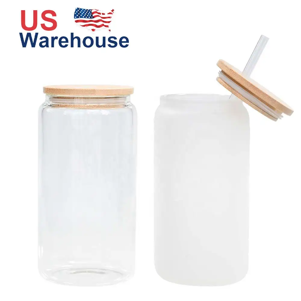 Usa Magazijn 16Oz Tumbler Water Fles Leeg Clear Frosted Sublimatie Bier Glas Met Bamboe Deksels