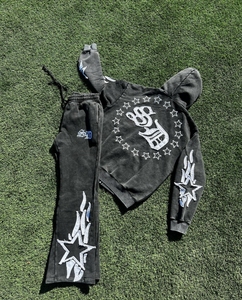 Custom Logo <strong>Tracksuits</strong> Patch Embroidery /distress Embroidery Stone Wash Fleece Lining 100% Cotton Hip Hop <strong>Style</strong> Flared Split - Product Image 3