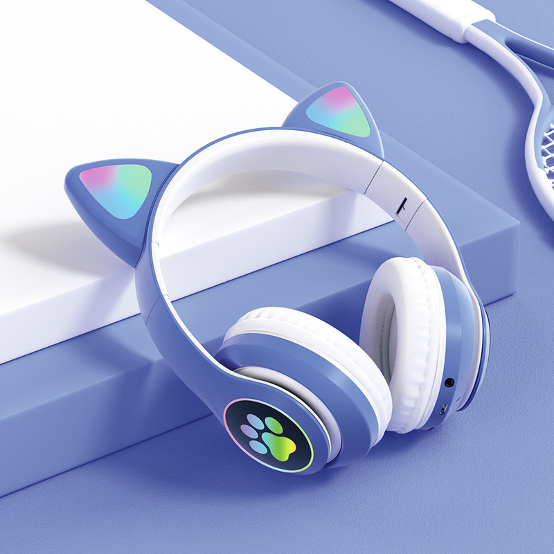 Casque audio lumineux bleu adorable - Emplacement pour carte - Utilisation filaire