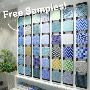 Azulejo de vidrio para piscina, baldosa de vidrio de mosaico para suelo de pared iridiscente, de fusión en caliente, color verde y azul, modelo OEM