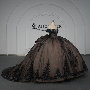 Robe de bal de Quinceañera de luxe en mousseline noire avec appliques de dentelle perlée, coupe naturelle, décolleté cœur, couleur champagne, sur commande - Product Image 6