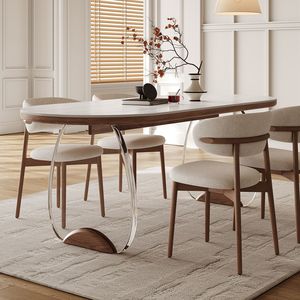 Mesa de Comedor Rectangular de Estilo Moderno y Minimalista con Tapa de Acrílico Travertino y Patas de Madera, Muebles para Sala de Estar - Product Image 4