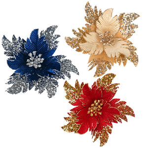 Cabezas de Flores de Poinsettia Artificiales de Lujo con Brillo, para Árboles de Navidad y Coronas, Material de Tela Roja, Ecológicas, Reutilizables, Directo de Fábrica - Product Image 1