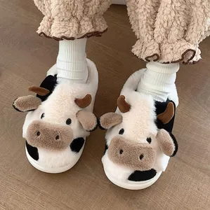 Slides Slippers Plush Indoor Winter Warm Shoes Slippers Custom Cute Closed Toe Bedroom Home Cows Design Comfort Faux Fur PVC
