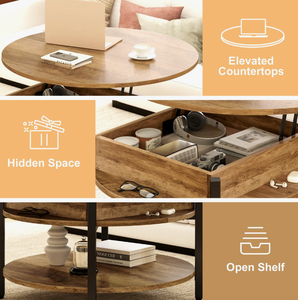 <span class=keywords><strong>Tavolino</strong></span> da Caffè Rotondo in Legno Stile Fattoria Moderno con Piano Sollevabile e Vano Contenitore, Design Durevole e Decorativo per <span class=keywords><strong>Soggiorno</strong></span> - Product Image 3
