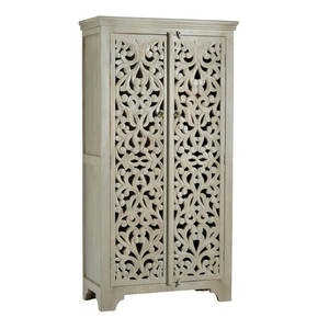 Armoire de rangement en bois massif sculptée en éléphant, à 2 portes, 3 tiroirs, autoportante, verrouillable, finition blanche, meubles de salon - Product Image 3