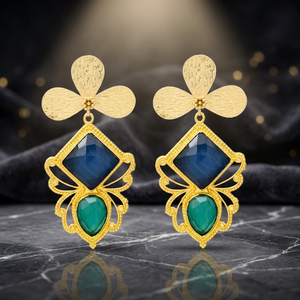 Nouvelles boucles d'oreilles pendantes en or plaqué or, design ethnique fleur de cerisier, saphir vert hydro, onyx, pierres précieuses - Product Image 2