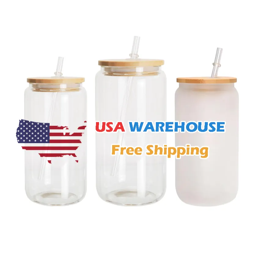 USA Warehouse wholesale 12oz 16oz Clear glassato sublimazione Blanks Glass Mason Jar Beer Can Glass Cup con coperchio in bambù e cannuccia