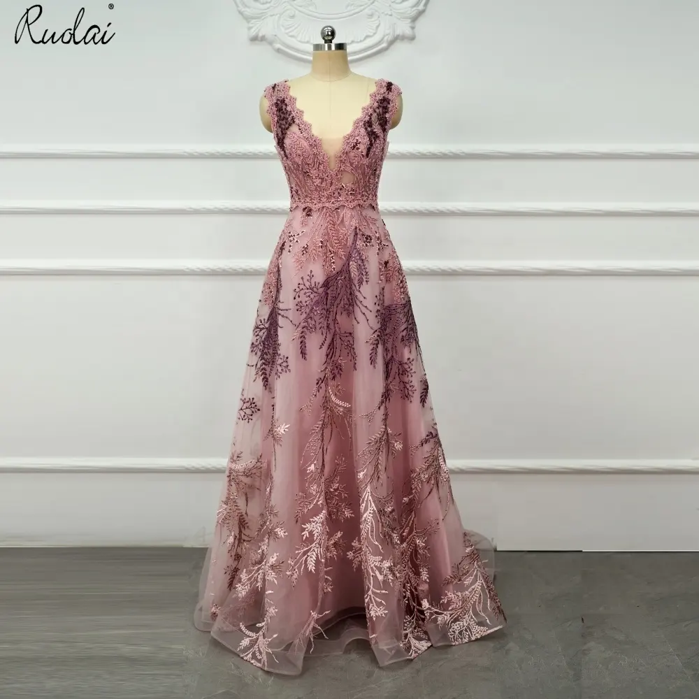 Ruolai LWC8165 Vintage Flower A-Line v neck Formal Elegant Pink Prom Long Party Gowns Appliqued Beading Evening Dress