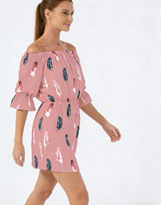 Robe trapèze mi-longue pour femme à imprimé plumes sur les épaules, manches évasées, taille naturelle élastique, décontractée, pour l'été, la plage et le quotidien - Product Image 6