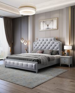<b>Modern</b> Grey Tufted Upholstered King Size <b>Bed</b> Frame, Solid Wood Double <b>Bed</b> for Bedroom Furniture - Product Image 1