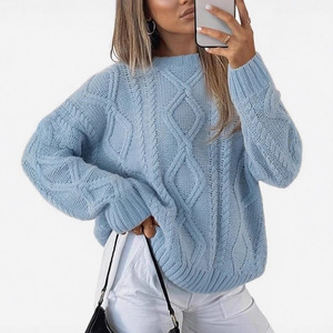Pull ample en tricot torsadé bleu clair à col rond pour femme, mode automne-hiver, tricot oversize, tailles SMLXLXXL - Product Image 1