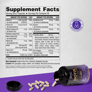 Biotin Collagen <span class=keywords><strong>Keratin</strong></span> hyaluronic axit tăng trưởng tóc bổ sung da và móng tay vẻ đẹp phức tạp 25000 mcg B1 đến B7 60 viên nang - Product Image 3