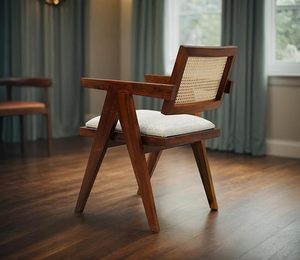 Fauteuil en bois de sheesham massif avec coussin et dossier en rotin pour salon, chambre, jardin, balcon, intérieur et extérieur - Product Image 4