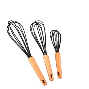 3Pcs סיליקון Whisk ללא שריטה מצופה ביצת מקצפים עם עץ ידית חום עמיד מטבח מקצף