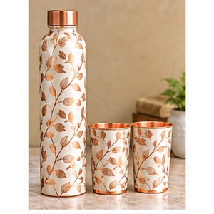 Handmade Copper <b>Water</b> <b>Bottle</b> with Lotus Design Bohemian Style Portable Drinkware for Travel <b>Metal</b> Flask Set - Product Image 3