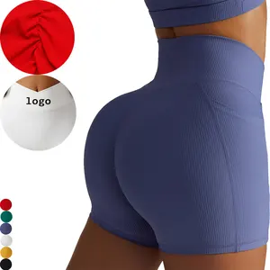 Nervürlü kumaş yüksek bel kadın Yoga şort spor Fitness pantolonları spor egzersiz ezme tayt cep popo kaldırma şort kadınlar için