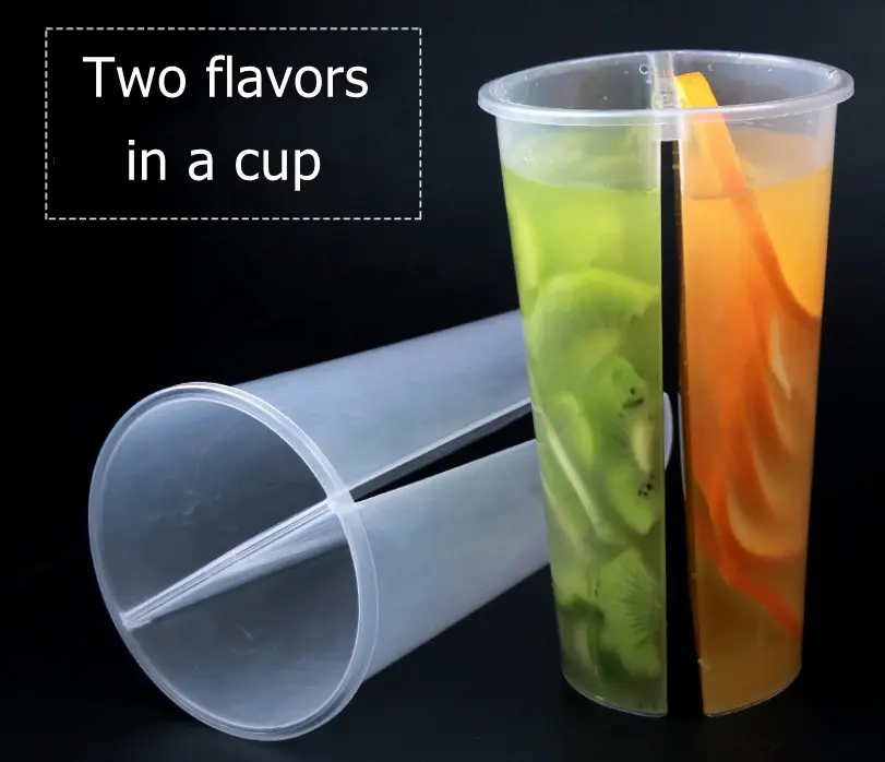 16oz 22oz Bubble Tea Plastic Split Cup for Boba Two-compartment Twin Cups Heart Shape for Boba Tea with Lid