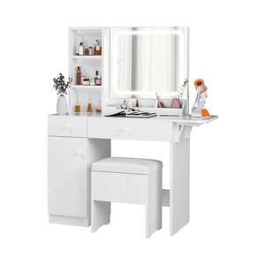 Moderna camera da letto bianca Vanity Desk LED specchio illuminato presa di corrente per il trucco cassetti armadio sgabello sgabello toletta - Product Image 6