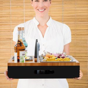 Bar Snackbox letto divano organizer vassoio multifunzione in legno per bottiglia di caffè e bevande contenitore di bambù divano portabicchieri - Product Image 6