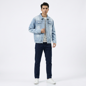 Wholesale ODM Custom Men's <b>Denim</b> Jackets Stand Collar Hooded Solid Color Breathable Windproof Vintage Style Zipper Closure Front - Product Image 1