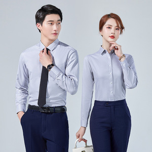 Striped Shirt Unisex Long Sleeve Slim Fit Anti-Wrinkle Workwear Polyester Fabric - Product Image 4