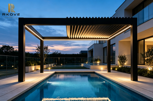 Pergola moderne en aluminium noir thermolaqué, structure rectangulaire pour ombrage de piscine extérieure, résistante aux intempéries - Product Image 2