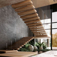 Ace Kit d'escalier en bois en forme de L Tuiles d'escalier Contrôleur Led moderne Éclairage Rail de verre Escalier flottant Escalier flottant