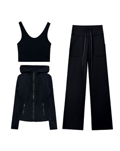 Solid Hooded Yoga Suit Women's Slimming Breathable 3 Piece Set Slim-fit Jacket + Long High Waist Drawstring for Wide-leg Pants - Product Image 3
