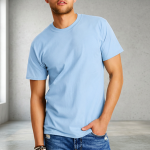 T-shirt KBAUAIS pour homme, bleu clair uni, 100% coton, manches courtes, col rond, coupe classique, jersey tricoté, couleur unie, 220g - Product Image 2