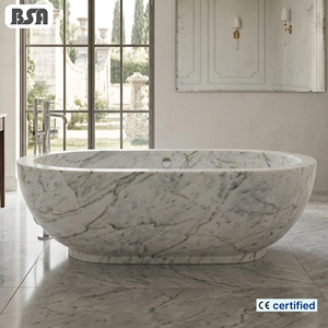 Baignoire autoportante en marbre blanc naturel BSA, ovale, polie, monobloc, pour hôtel, villa, salle de bain - Product Image 1