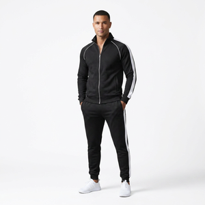 Ensemble de survêtement d'hiver noir 100 % coton avec fermeture éclair, pantalon de jogging léger à col montant, vêtements de sport et de détente avec logo - Product Image 4
