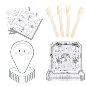 DAMAI Halloween Theme Little White Ghost and Gray Color Tableware Sets with Disposable Paper Dessert Plate Party Tableware Kits - Product Image 2