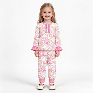 Tenues de Pâques personnalisées pour filles avec nœuds roses et imprimé de vacances, vente en gros, vêtements pour sœurs, prix d'usine, pantalons larges pour tout-petits - Product Image 3