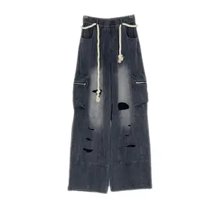 Manufacturer Loose Pants Casual Vintage Straight Wide Leg Trousers Distressed Washed Jeans