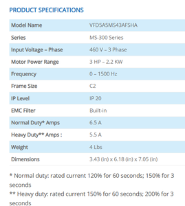 อินเวอร์เตอร์ Delta MS300 VFD5A5MS43AFSHA 380-460V 3 เฟส 2.2 กิโลวัตต์ 3 แรงม้า - Product Image 2