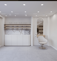 Station de manucure tout-en-un, solution clé en main, design moderne et minimaliste blanc avec poste de lavage et comptoir d'accueil.