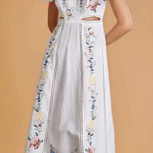 Robe en coton personnalisée 2025 pour femme, robe décontractée brodée florale, robe midi tissée taille haute, design en dentelle, fabriquée - Product Image 5