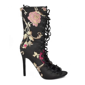 Floral Print Big Size 43 Hollowed Out Women High Thin <b>Heel</b> Mid-calf Boots <b>Round</b> Open <b>Toe</b> Back Zip Half Knee High Women Booties - Product Image 5