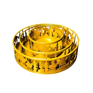 Ensemble de 3 plateaux à nourriture en métal pour le Ramadan avec décorations islamiques, couleur jaune, différentes tailles, plateaux pour chocolats et dattes en gros - Product Image 1