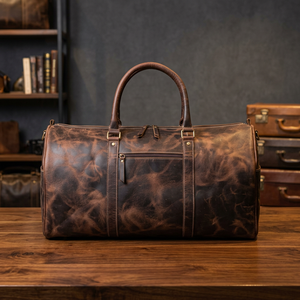 Sac de voyage vintage en cuir véritable léger avec fermeture éclair, sangle réglable, capacité 76-120L+, multi-usages pour les voyages et la randonnée - Product Image 1