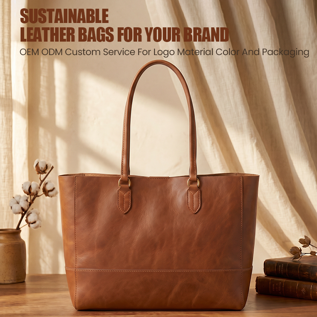 Sustainable Vegetable Tanned Leather Shoulder Tote Bag for Women Oversized Shopper Minimalist Everyday Travel Brand OEM Factory