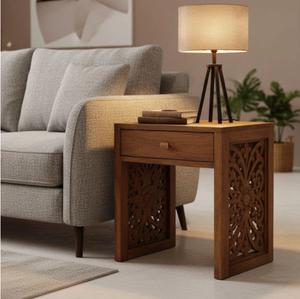 Mesita de Noche Moderna de Madera con Diseño Tallado a Mano, un Cajón de Almacenamiento, Mesa Auxiliar de Madera Maciza, Muebles Rústicos para Dormitorio, Decoración del Hogar - Product Image 2