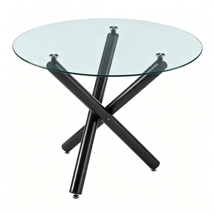 Modern Round Dining <b>Table</b> Tempered Glass Tabletop Black Metal Pedestal Glass Dining Room Furniture - Product Image 1