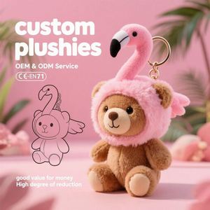 Wholesale Custom Flamingo <b>Bear</b> Plush Keychain, Stuffed Teddy Charm, <b>Cute</b> Tropical Themed Bag Accessory - Product Image 1