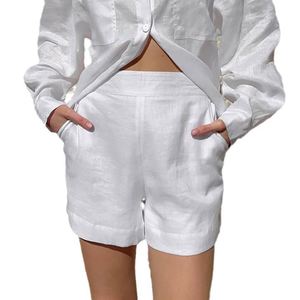 Blusa de manga larga de <span class=keywords><strong>lino</strong></span> y algodón de verano, pantalones cortos de pierna ancha, conjunto de dos piezas para <span class=keywords><strong>mujer</strong></span>, nuevo <span class=keywords><strong>traje</strong></span> <span class=keywords><strong>blanco</strong></span> informal Simple 2024 - Product Image 5